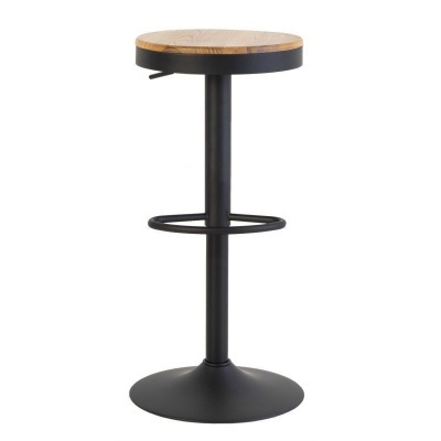 Banco alto com assento em madeira clara e estrutura preta