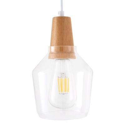 Candeeiro suspenso com suporte em madeira e vidro transparente