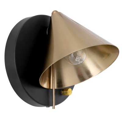 Aplique de parede com suporte preto e candeeiro cónico dourado