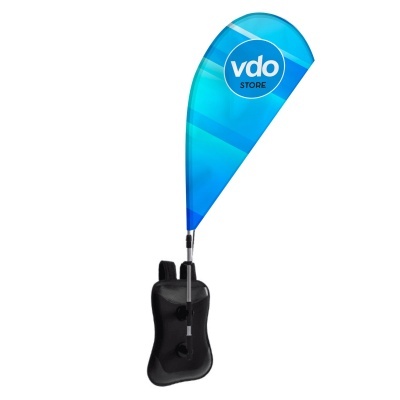 Bandeira publicitária azul com texto VDO STORE e base preta com alça