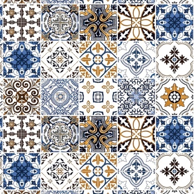 Padrão repetitivo de azulejos decorativos em azul, branco, castanho e preto com desenhos geométricos e florais