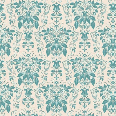 Papel de parede azul-petróleo com padrão floral clássico em fundo creme