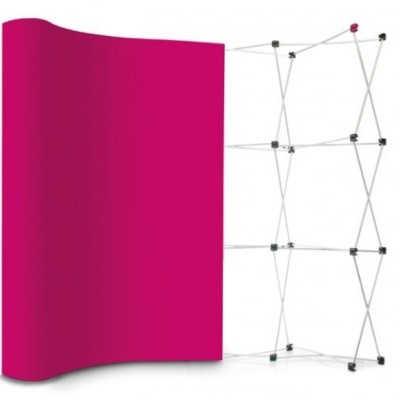 Expositor de tecido curvo rosa com estrutura metálica dobrável