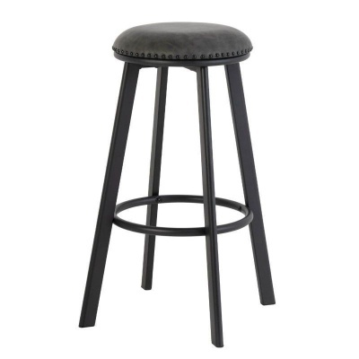 Banco alto com assento redondo cinzento e estrutura preta