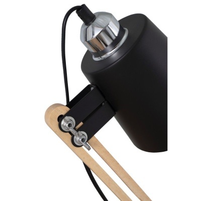 Abajur preto com suporte articulado em madeira clara