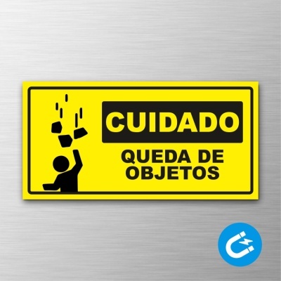 Sinal amarelo de aviso CUIDADO QUEDA DE OBJETOS com figura humana e objetos a cair