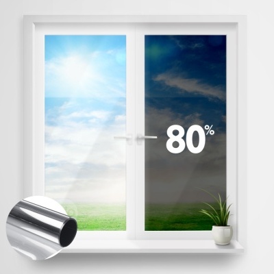 Janela de vidro branca com texto '80%' e vaso com planta