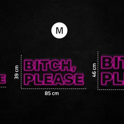 Três decalques com texto 'BITCH, PLEASE' em rosa e preto, em tamanhos S, M e L sobre fundo preto.