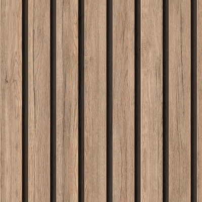 Painéis de madeira clara com veios naturais e espaçamentos escuros em padrão linear