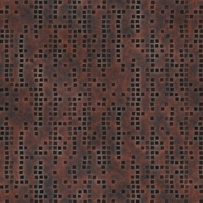 Painel metálico oxidado com padrão de recortes quadrados.
