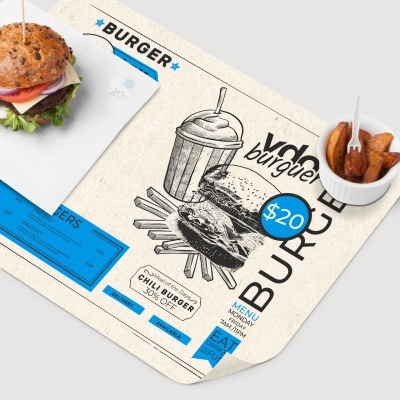 Hambúrguer, batatas fritas e tabuleiro de papel ilustrado com texto em português e inglês.