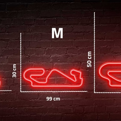 Figuras de pista de corridas em neon vermelho S, M e L com medidas em centímetros