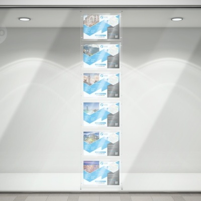 Vitrine com caixas de produtos com design azul e cinza, texto VISCO GEL, fundo branco e iluminação embutida.