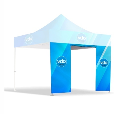Tenda dobrável azul com texto e logótipo vdo store