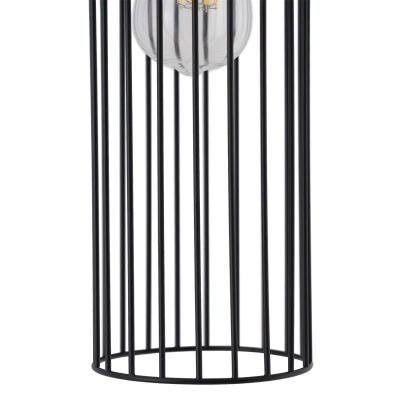 Candeeiro metálico preto com barras verticais cilíndricas e lâmpada visível