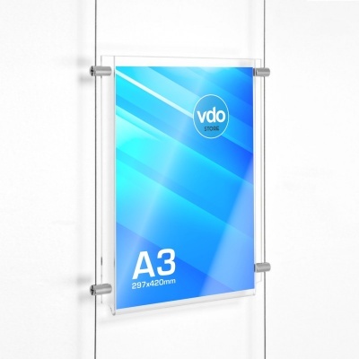 Painel acrílico transparente com suporte metálico e poster azul A3