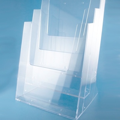 Expositor transparente de acrílico com três compartimentos verticais para folhetos ou revistas