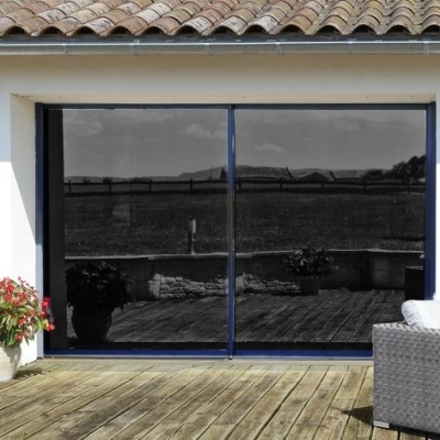 Porta de correr dupla em vidro espelhado com moldura preta e piso de madeira, vaso de flores e cadeira de rattan