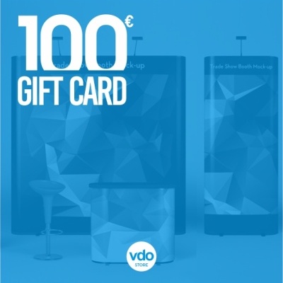 Cartão presente 100€ com stand de exposição azul e logótipo vdo STORE