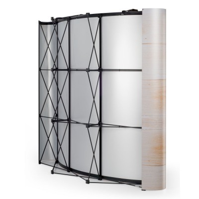 Estrutura dobrável em metal preto com painel branco e detalhe de madeira clara