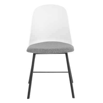 Cadeira com encosto branco e assento cinzento, pernas pretas