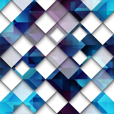 Padrão geométrico abstrato com quadrados sobrepostos em tons de azul, roxo e branco