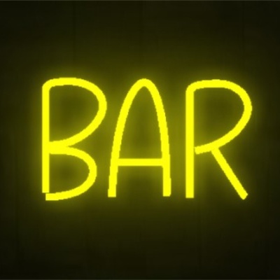 Letreiro de neon amarelo com a palavra 'BAR'