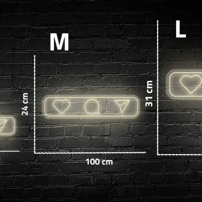 Três placas de neon iluminadas com ícones em três tamanhos diferentes numa parede de tijolos pretos