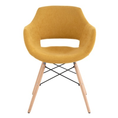 Cadeira amarela mostarda estofada com pernas de madeira clara e estrutura metálica