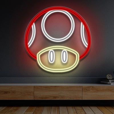 Placa luminosa de cogumelo Super Mario em fundo cinzento com móvel de madeira e plantas