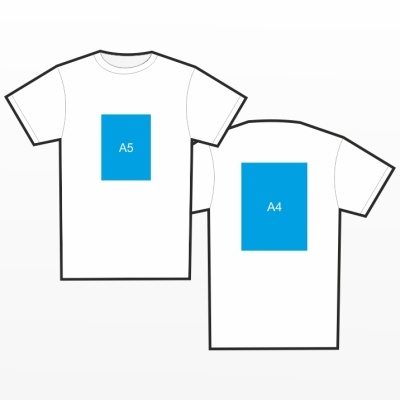 T-shirts brancos com estampas azuis A5 e A4