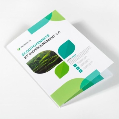 Folheto branco com texto e imagens verdes sobre ambiente e ecocidadania