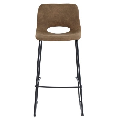 Banco alto castanho com estrutura preta e recorte oval no encosto