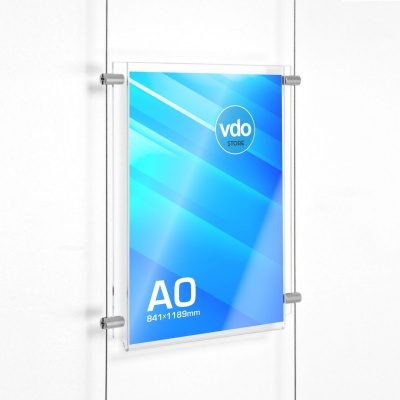 Suporte para cartaz A0 transparente com fundo azul e texto branco