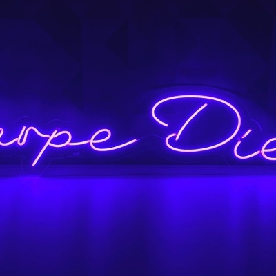 Letreiro em néon azul com texto Carpe Diem numa parede escura