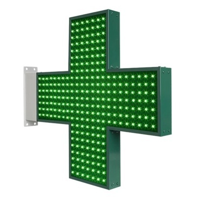 Letreiro luminoso verde em forma de cruz com LEDs verdes