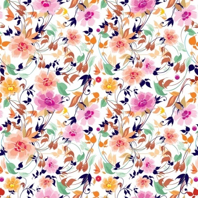 Padrão floral colorido em fundo branco com flores e folhas delicadas