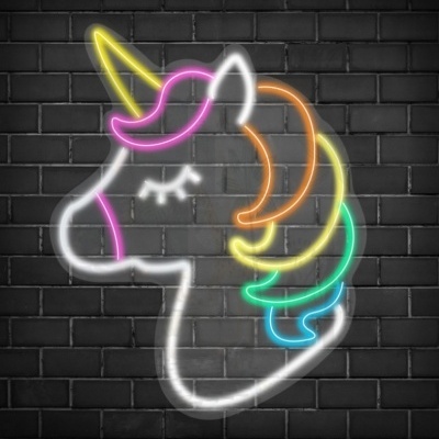 Luz de néon em forma de unicórnio colorido na parede