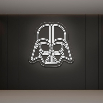 Parede preta com luminária neon em forma de capacete de Darth Vader