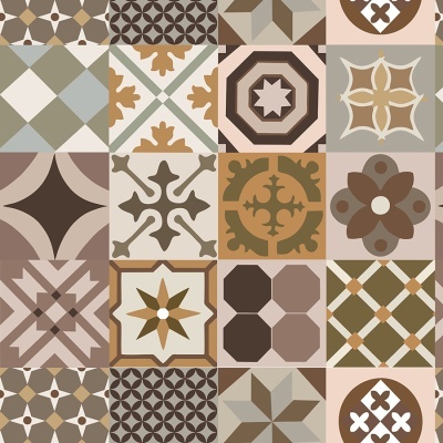 Azulejos decorativos com padrões geométricos e florais em tons terrosos