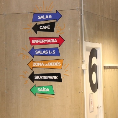 Placa indicadora com setas coloridas numa parede cinza clara