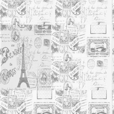 Papel decorativo com desenhos da Torre Eiffel, selos postais e manuscritos em tons cinza