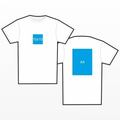 Duas t-shirts brancas com estampas azuis e texto '10x10' e 'A4'