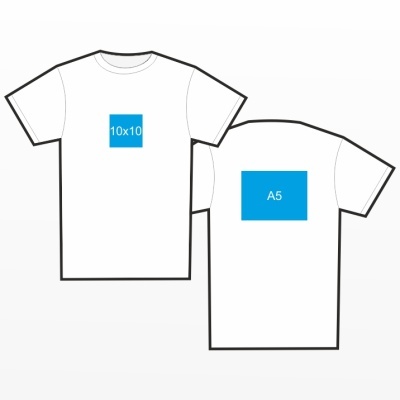 T-shirt branca com estampas azuis e textos 10x10 e A5