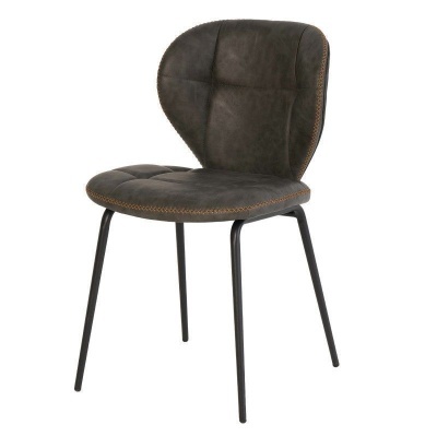 Cadeira cinza escuro com pernas metálicas pretas e costuras decorativas