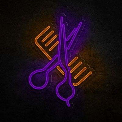 Símbolos de cabeleireiro em neon laranja e roxo