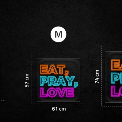 Três quadros decorativos com texto 'EAT, PRAY, LOVE' em cores laranja, azul e roxo com fundo preto.