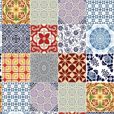 Azulejos decorativos quadrados com padrões coloridos variados.