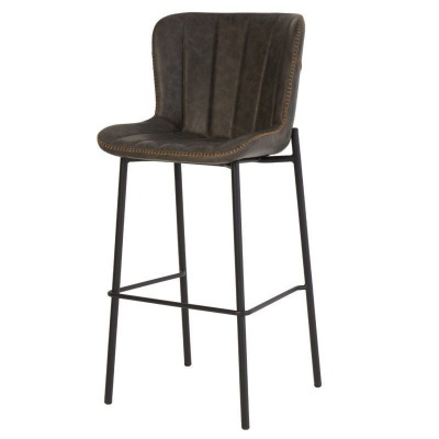 Banqueta alta cinza escuro com estrutura metálica preta e costura decorativa