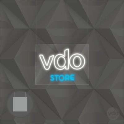 Sinal luminoso pendurado com texto 'vdo STORE' em fundo cinzento geométrico